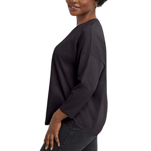 T-Shirt all'ingrosso con stampa personalizzata alla rinfusa <span class=keywords><strong>nera</strong></span> 220 GSM pesante manica 3/4 con orlo curvo in cotone tinta unita per le donne - Product Image 6