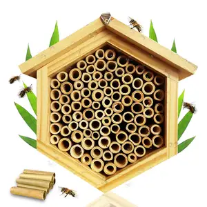 La maison d'abeille de maçon d'hexagone de ruche d'abeille en bois naturel fait à la main avec des tubes en bambou attire les pollinisateurs pacifiques d'abeilles à votre jardin