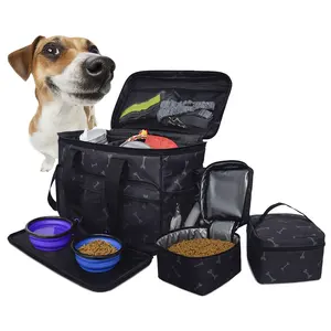 Conjunto de viaje de fin de semana para perros y mascotas, bolsa organizadora de viaje con bolsillos multifunción, 2 contenedores de comida