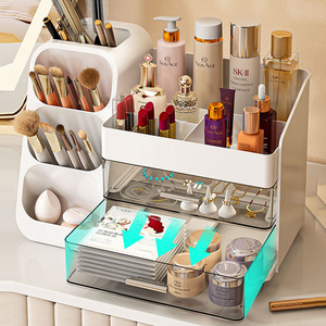 Cosmetic Storage Box Makeup Organizer 4 In 1 With Brush Holder Lipstick Rack For Dressing Table Desktop Ivory White - Product Image 3