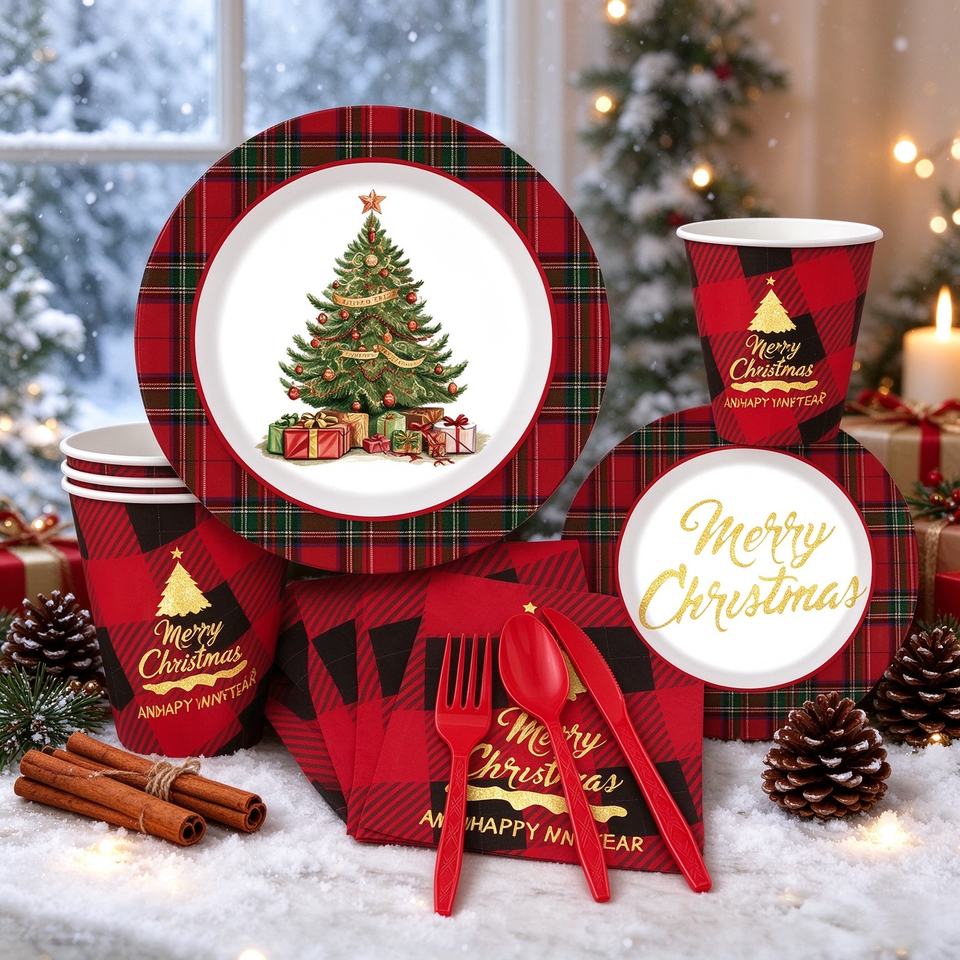Gradution Banner Sample Christmas Themed Disposable Tableware Set Red Plaid Christmas Tree ...