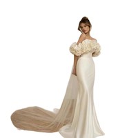 Nouvelle Robe de Mariée Importée 100% Coton, Épaules Dénudées, Longueur Ras du Sol, Appliquée, Effet Illusion, Fleurs Tridimensionnelles, Coupe Ajustée, Coupe Sirène