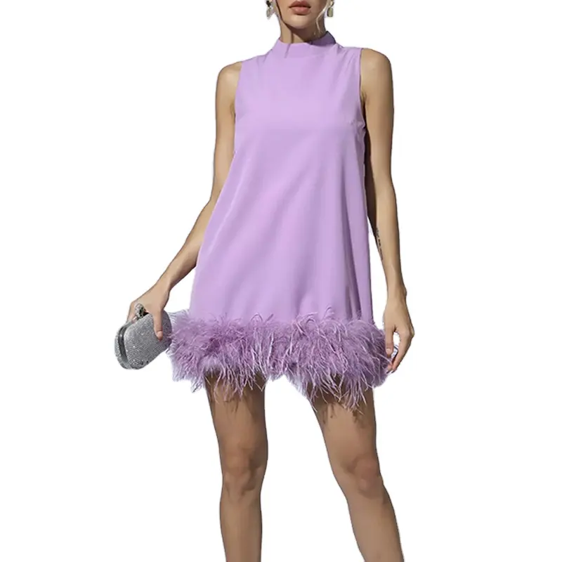 Custom Fashion Design High Quality Luxury Sleeveless Half-high Collar Purple Feather Trim Elegant Casual Mini Dresses Women
