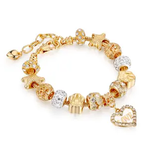 Jewelry Factory Price Murano Glass Beads Gold Pendant Bracelet With Crystal Heart Pendant Charm Bracelet