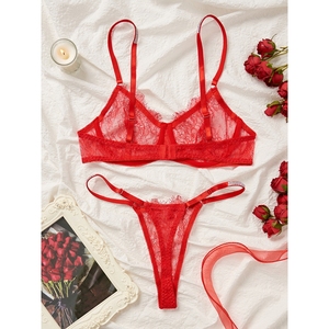 Hochwertige zeigt Brustwarzen Transparent Sheer Sexy Girls Red Bikini Dessous 2 Stück Spitze BHs Set - Product Image 2
