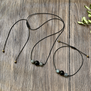 Retro Empath Protection 2PCs Pulsera y collar Conjunto de joyas con labradorita natural y cuentas de obsidiana negra trenzada - Product Image 6