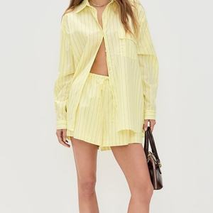 ชุดลำลองผ้าลินินสำหรับผู้หญิง ฤดูร้อน รุ่นใหม่ OEM เสื้อคอตั้งแขนยาวและกางเกงขาสั้น ชุดสูท ผ้าลินิน 100% - Product Image 1