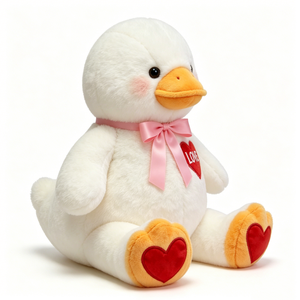 Peluche de Pato Blanco Personalizado - Juguete de Peluche Suave y Esponjoso con Lazo de Satén Rosa y Corazón Rojo - Product Image 1