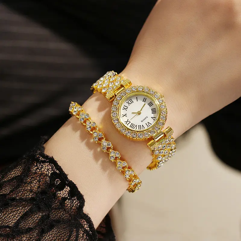 2023 Hot Sell 2 Stück Set Elegantes weibliches Geschenk Weiß Roségold Voll diamant Quarz Armbanduhr Luxus Damen Armbanduhren