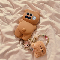 Coque de téléphone en silicone 3D personnalisable motif ours mignon, épaisse et antichoc, avec chaîne de suspension