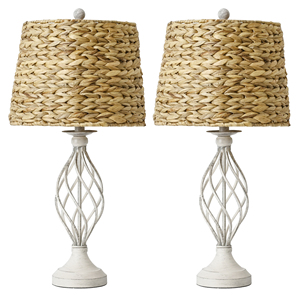 Set di due lampade da tavolo da 26 pollici con paralumi intrecciati, base in metallo bianco, interruttore rotante, attacco E26, lampadine non incluse - Product Image 1