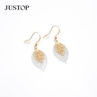 Boucles d'oreilles pendantes unisexes tendance en laiton plaqué or 18 carats, motif feuille, longues et fines, structure transparente à 2 couches Justop SH0000070