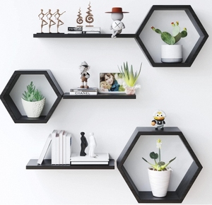 Juego de 6 estantes flotantes hexagonales de madera de pino montados en la pared para cocina y baño, exhibición de fotos y plantas - Product Image 1