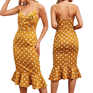 Vestido casual de fiesta y noche para mujer, con estampado de lunares, tirantes finos, cuello en V, fruncido, cintura alta, ajustado, largo hasta la rodilla, estilo sirena, tejido, ODM - Product Image 1