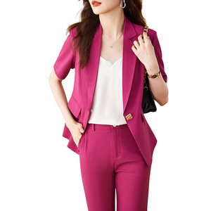 Women's Suit Set Short Sleeve Pink Wool Blend Anti-Wrinkle Business Casual Professional Wear - Product Image 5