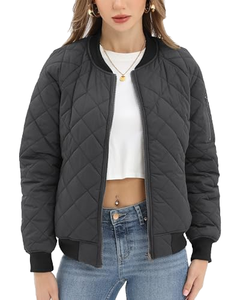 Women's Quilted Bomber Jacket Solid Color <b>Zipper</b> Closure Stand Collar Short Length Full Sleeve Autumn Wear - Product Image 2