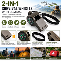 Sifflet de survie d'urgence 2-en-1 avec boussole intégrée, sifflet de sécurité portable pour la randonnée et le camping en plein air avec cordon