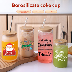 Low MOQ Custom Logo 12oz/16oz Clear Beer Can &amp; <strong>Mason</strong> <strong>Jar</strong> Style Glass <strong>Tumbler</strong> Bamboo Lid Straw Business Gift - Product Image 5