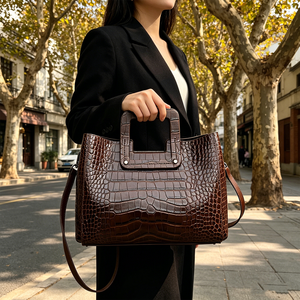Sac fourre-tout en cuir de vachette véritable gaufré <span class=keywords><strong>crocodile</strong></span> pour femme avec poignée supérieure et bandoulière amovible - Product Image 2