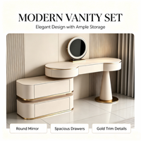 Coiffeuse de luxe glamour avec rangement, bureau de toilette haut de gamme en bois massif et organisateur, station de maquillage avec miroir LED et tabouret