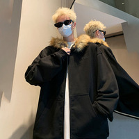 Veste zippée en molleton de coton épais 500g, style streetwear hiver, coupe oversize, avec capuche en fausse fourrure amovible