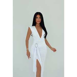 Robe de soirée basique blanche en satin, coupe trapèze, taille empire, sans bretelles, avec fente, tailles XS à XL, pour soirée ou mariage - Product Image 2