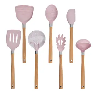 kitchen durable cooking tool wooden handle silicone kitchen utensils set 7pcs set silicone kitchenware