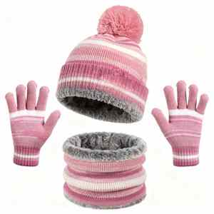 3Pcs Kid Winter Hat Scarf Fleece Knit Pom Beanie Warm <b>Neck</b> <b>Warmer</b> Touchscreen Gloves 3 in 1 Set Promotional Gift - Product Image 1