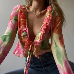 Женская шифоновая блузка с длинным рукавом и V-образным вырезом
