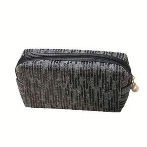 Bolsa de Maquillaje Vertical Brillante con Lentejuelas y Logotipo Personalizado de Fábrica, Decoración de Perlas, Cierre de Cremallera, Bolsa de Almacenamiento Portátil de Lona para Cosméticos y Artículos de Papelería - Product Image 4