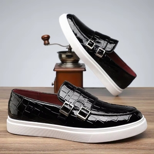 Chaussures Homme Double Monk en Cuir Verni Noir Motif Croco, Mocassins Décontractés à Enfiler avec Semelle en Caoutchouc Blanc - Product Image 1