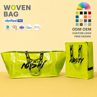 Ensemble de sacs en PP tissé laminé personnalisés, vert néon brillant, réutilisables, avec sangles en sangle noire
