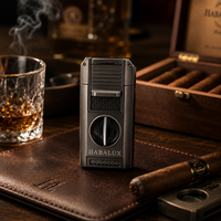 Briquet à cigares portable 4-en-1 avec coupe-cigares en V, poinçon, aiguille de tirage et support à cigares - Flamme jet coupe-vent pour les voyages et les affaires