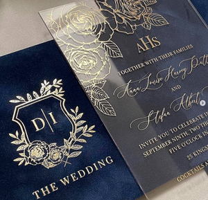 งานแต่งงานอะคริลิคฟอยล์สีทองลายดอกกุหลาบอ่อนโยนสำหรับเจ้าสาวสุดหรูพร้อมซองกำมะหยี่สีกรมท่า - Product Image 2