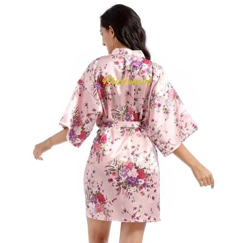 Kimono de satén Floral estilo corto bata de dama de honor para mujer