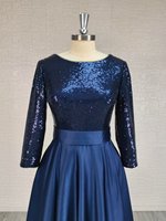 Robes de soirée classiques modernes LY-PD0219, robes de fête, sequins, satin, coupe A, manches longues, col rond, jupe longue élégante