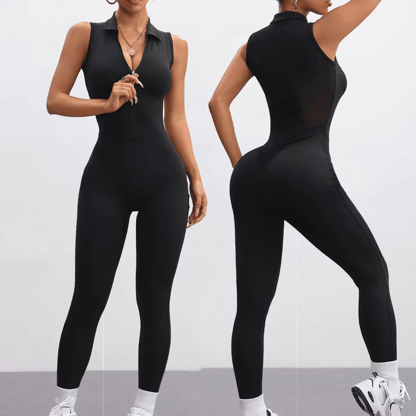 New Arrival Custom Women's Half-zip Jumpsuit Sleeveless Stretchy Gym Outfits Lightweight Fitness Bodysuit with Back Hollow Mesh