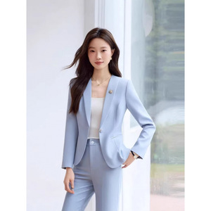 Light Blue Women's Suit Set Solid Color Polyester Worsted Casual Spring Autumn Winter Professional Host Art Exam - Product Image 2