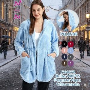เสื้อโค้ทขนสัตว์เทียมมีฮู้ด แขนยาว มีเข็มขัด กระเป๋าเสื้อ สำหรับฤดูหนาว สไตล์ลำลอง เสื้อคลุมผู้หญิง ผ้าฟลีซหนานุ่ม ถักทอสีพื้น แขนยาวเต็มตัว - Product Image 3