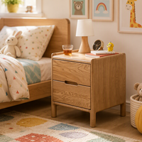 Table de chevet en bois massif OEM avec deux tiroirs, bord arrondi, armoire de rangement pour chambre à coucher