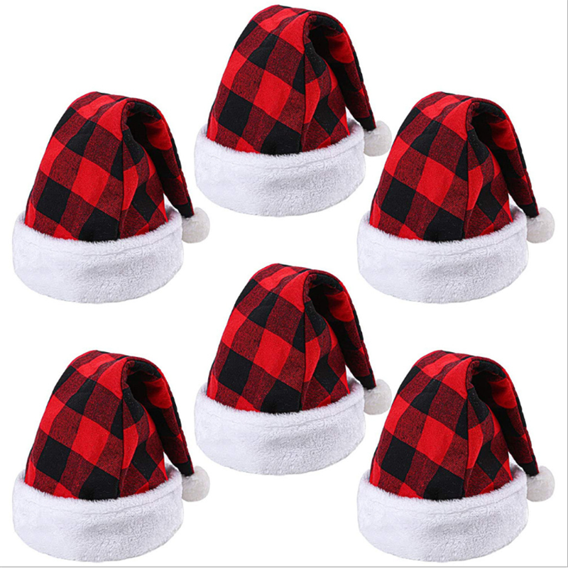 Распродажа, красная и черная шапка для взрослых в клетку буйвола, Рождественская шапка Санта-Клауса