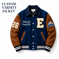 Veste de baseball personnalisée pour homme, bleu marine et marron, fabrication OEM, marque privée, bordure côtelée en chenille, boutons, veste universitaire en laine, fabricant