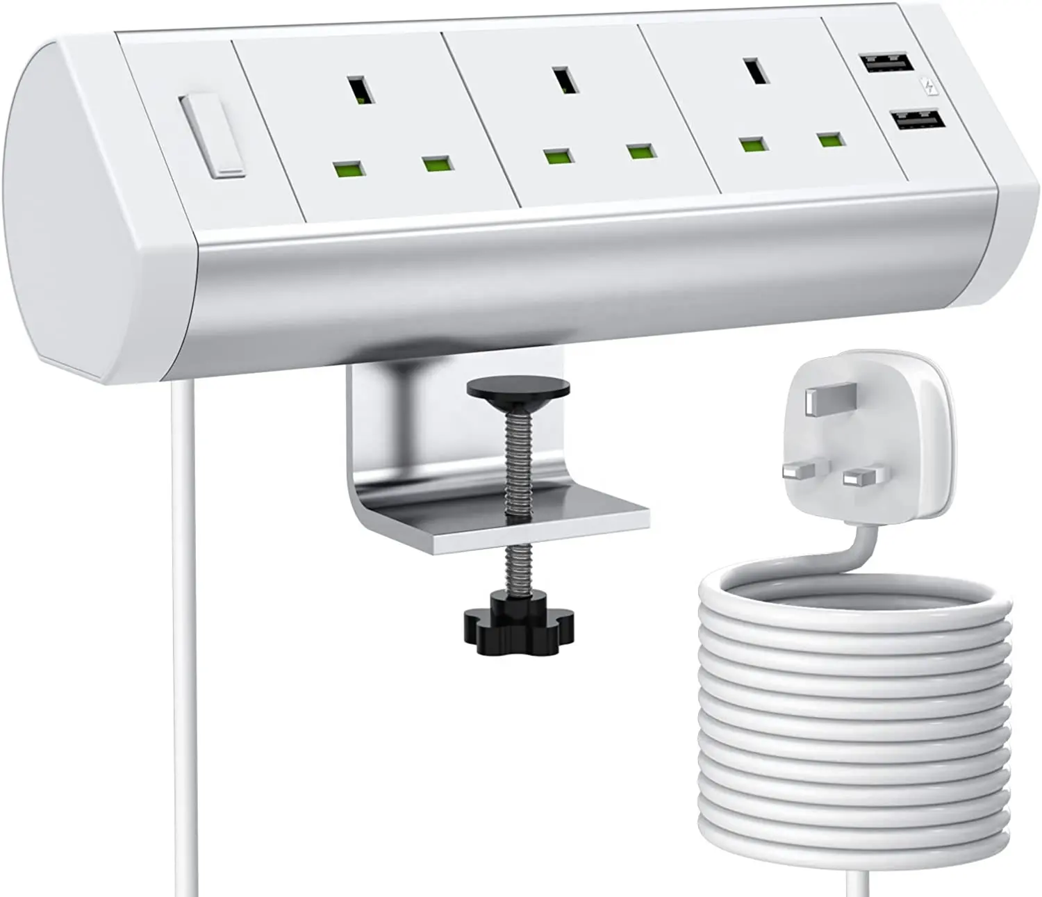 S700 liga de alumínio UK plug soquete de extensão de mesa com 2 USB, 3 vias plug braçadeira montada faixa de energia