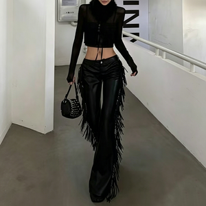 Pantalon <span class=keywords><strong>long</strong></span> en cuir véritable style motard, taille basse, avec franges et volants discrets, nouvelle collection automne 0019 - Product Image 5