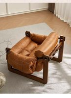 Fauteuil inclinable vintage en cuir huilé et éponge, style rétro en bois massif, fauteuil d'appoint de luxe pour hôtel et villa