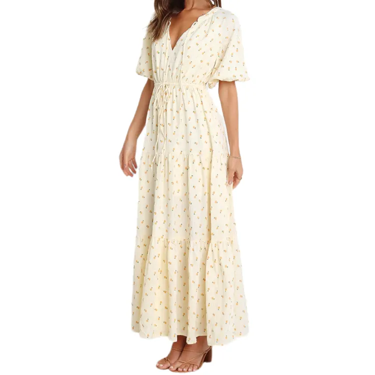 High quality summer trending casual women dresses floor length short sleeve floral dress
