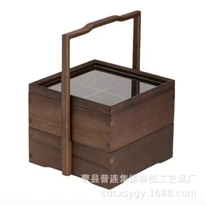 Caja de madera estilo chino para pastel de luna, de tres niveles, con asa, cuadrada, de nogal, hecha a mano, para regalo del Festival de Medio Otoño - Product Image 5