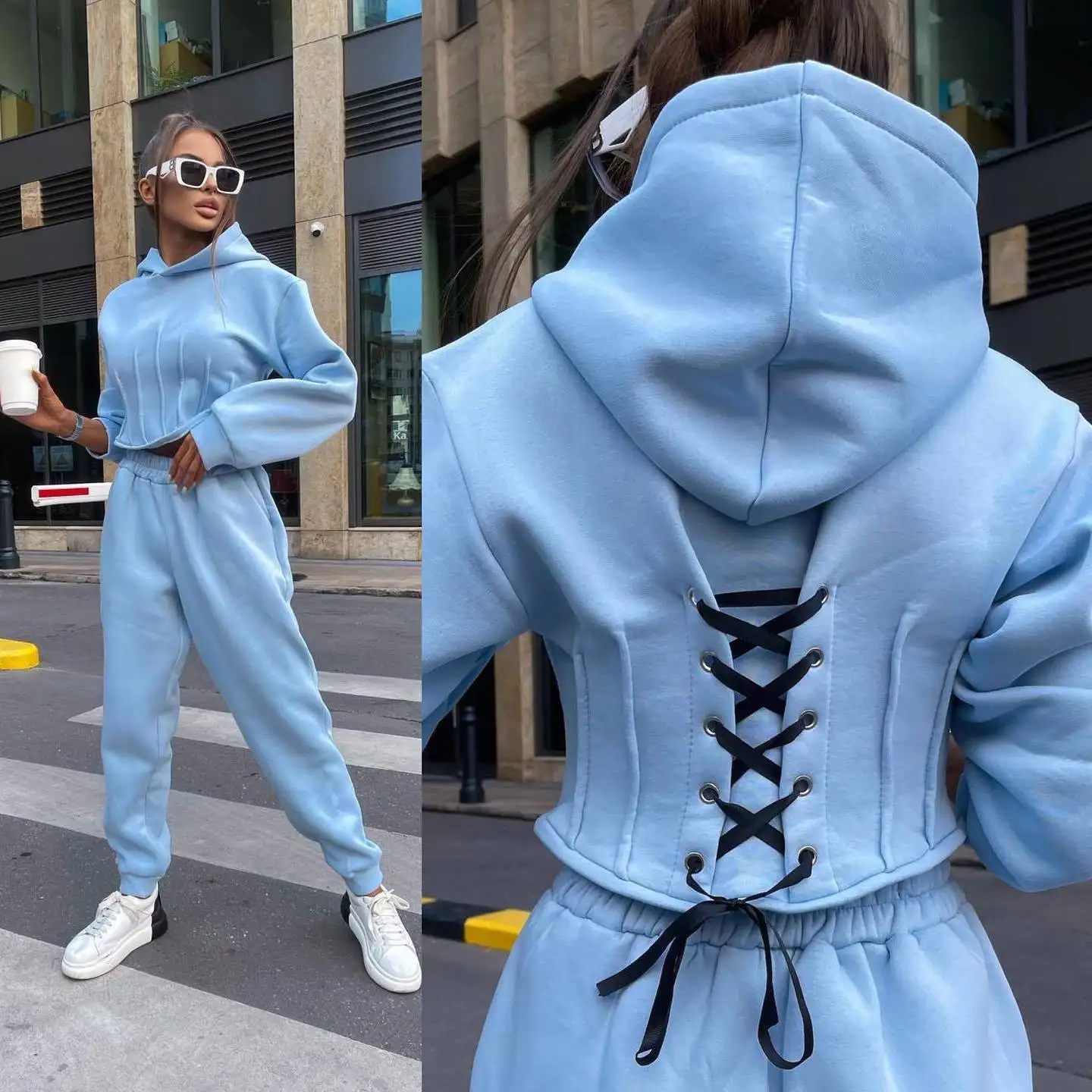 2022 Autumn Lace Up Hooded Sweatshirt Two Piece Women Long Sleeve Crop Tops Elastic Waist Pant Female Set Casual 2 piece Suits