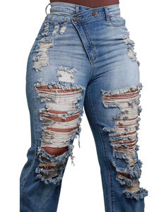 Nouveauté Automne/Hiver Pantalon en jean pour femme à jambe droite avec ceinture distinctive extensible déchiré à franges Sehe Fashion - Product Image 2