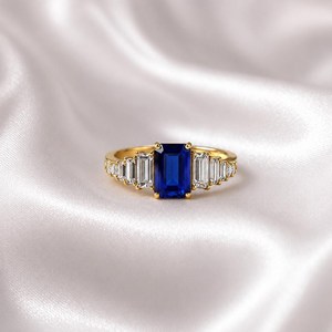 <b>Emerald</b> Cut Blue Sapphire <b>Ring</b> Minimalist Engagement <b>Ring</b> CZ Wedding <b>Ring</b> Handmade 925 Sterling <b>Silver</b> with 18K Gold Filled - Product Image 2